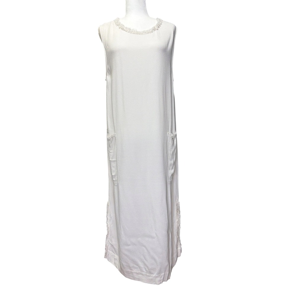 Raquel Allegra Dirty White Muscle Tee Textured Crepe Frayed Trim Sleeveless Maxi